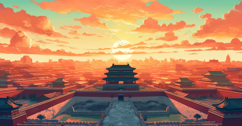 俯瞰京城大场景红色渐变大气国潮风插画故宫远山祥云,插画/手绘图,插画/手绘图库,插画/手绘图下载,插画/手绘